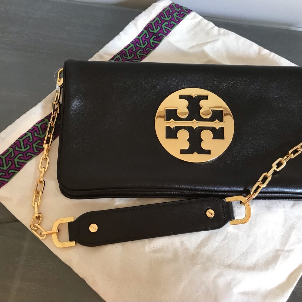 Tory Burch Reva  Black Clutch with Gold Accents